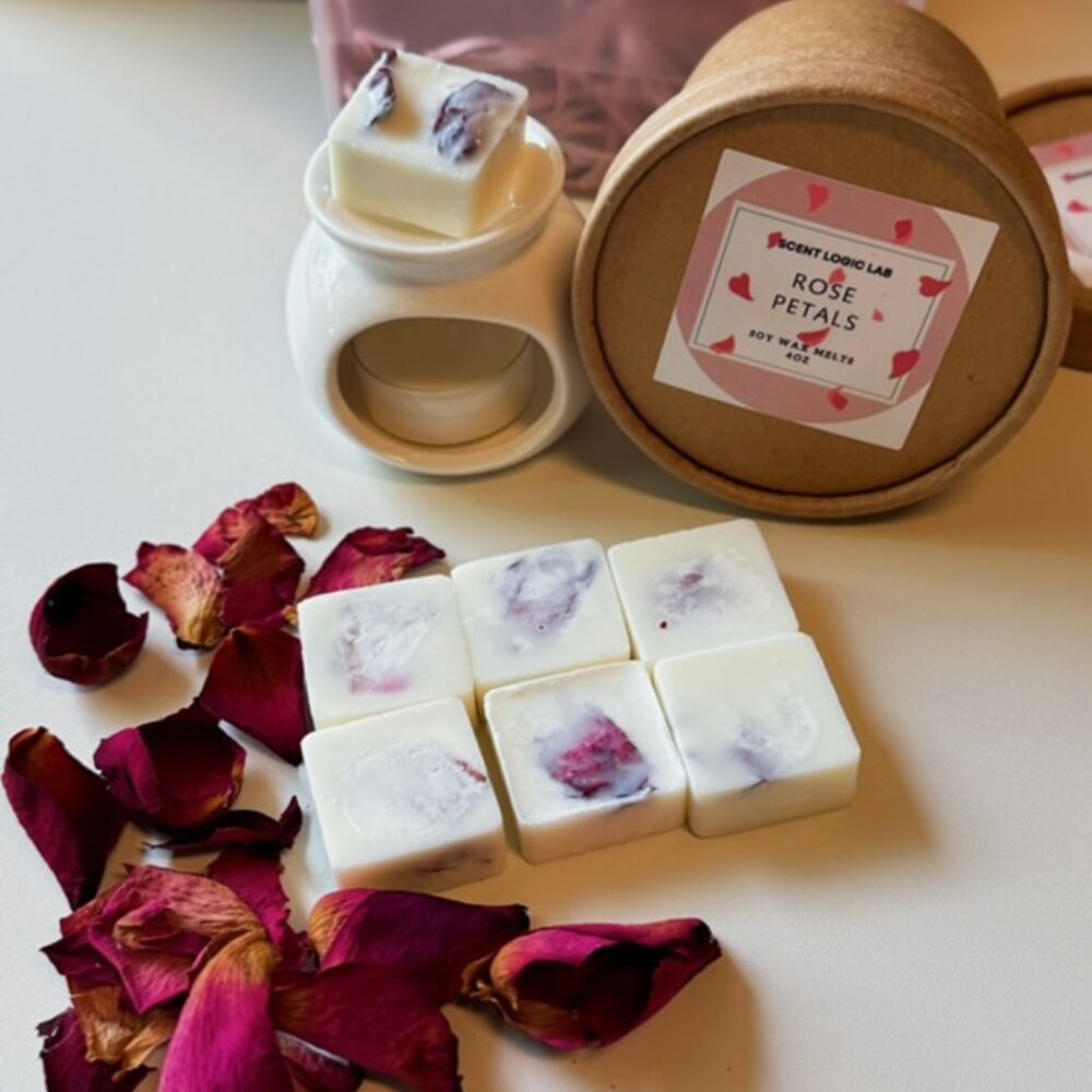 Rose Petal Wax Melter Gift Set | Ceramic Melter | 4oz Soy Wax Melts | Tealight